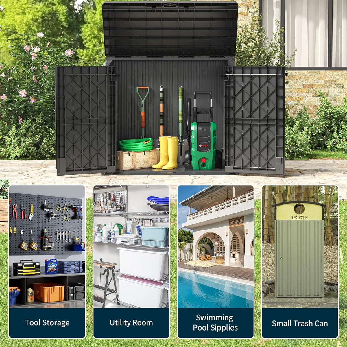 Horizontal Storage Shed, Outdoor Resin Storage Shed 36 Cu. Ft. Garden Extra Large Capacity Weather Resistant Storage Box, Lockabl Waterproof Shed for Garden Tools, Solid Black