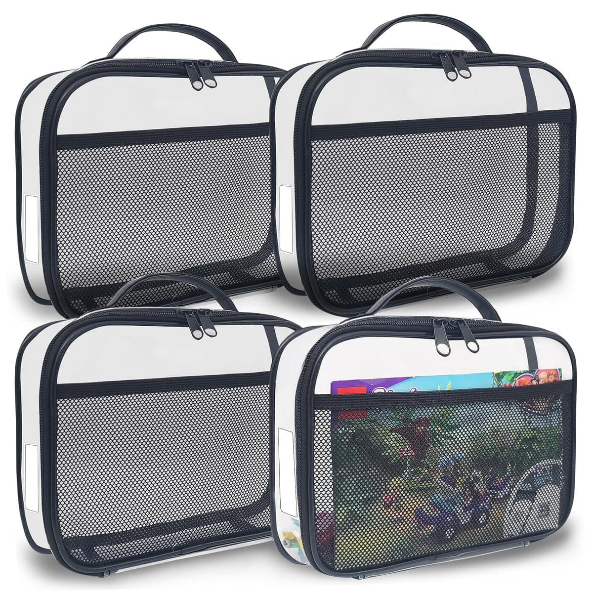 holay 4 Packs PVC Zippered Blocks Set, Toy, Clay, Board game Storage Organizer Case (Name Tag, Manual Pocket) (Black, Small)