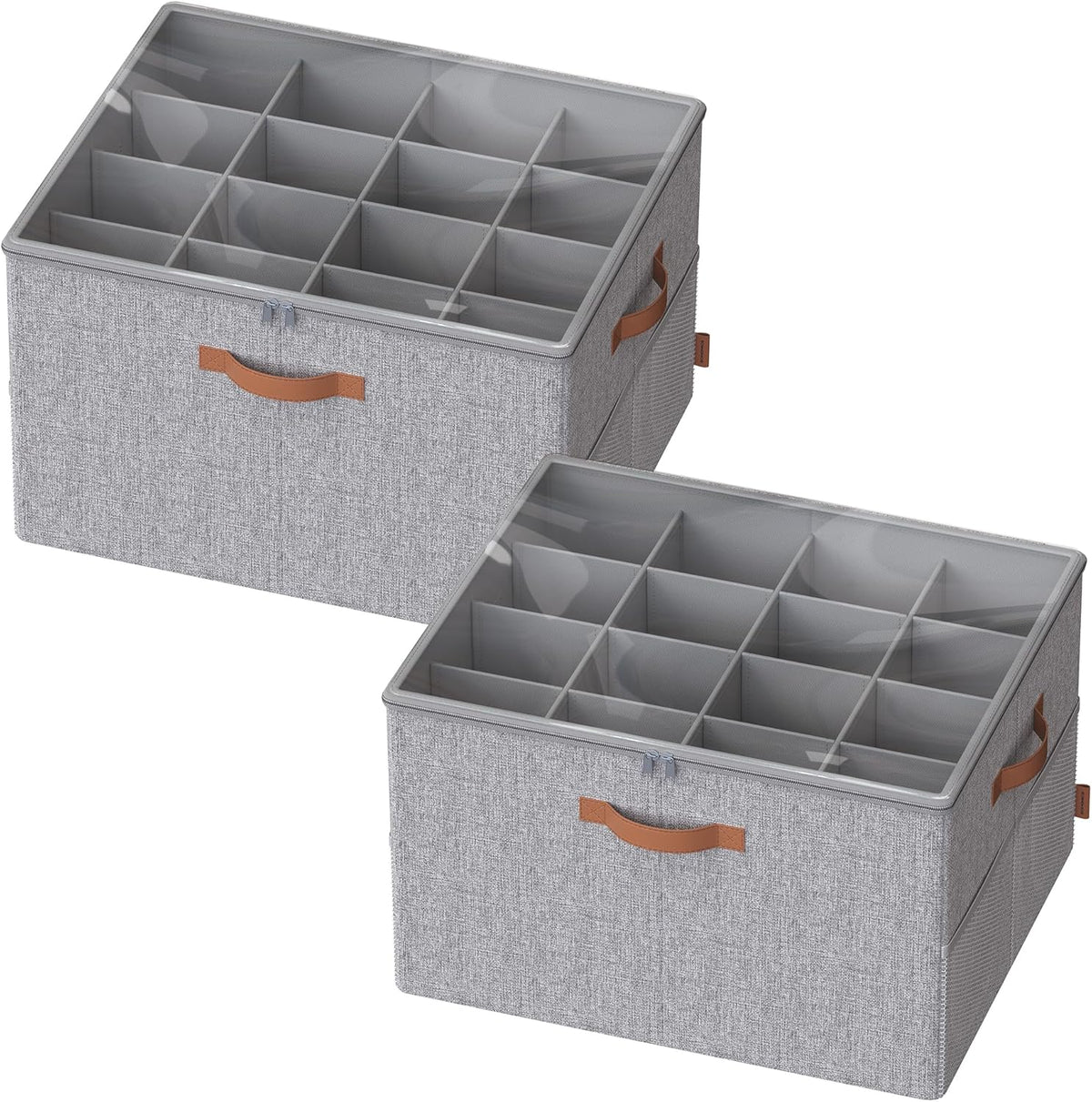 SONGMICS Shoe Organizers for Closet, Pack 2 Shoe Storage Bins, Fits 32 Pairs, Fabric Containers with Handles and Clear Cover, Adjustable Dividers, Customizable, Dove Gray ULSP556G01