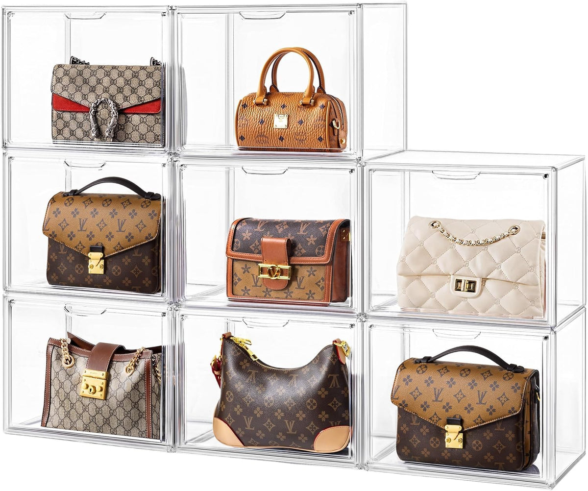 HBlife 8 Pack Purse Storage Organizer for Closet, Large Clear Stackable Handbag Display Case Box with Magnetic Door for Collectibles, Cosmetics, Women Heels and Toys