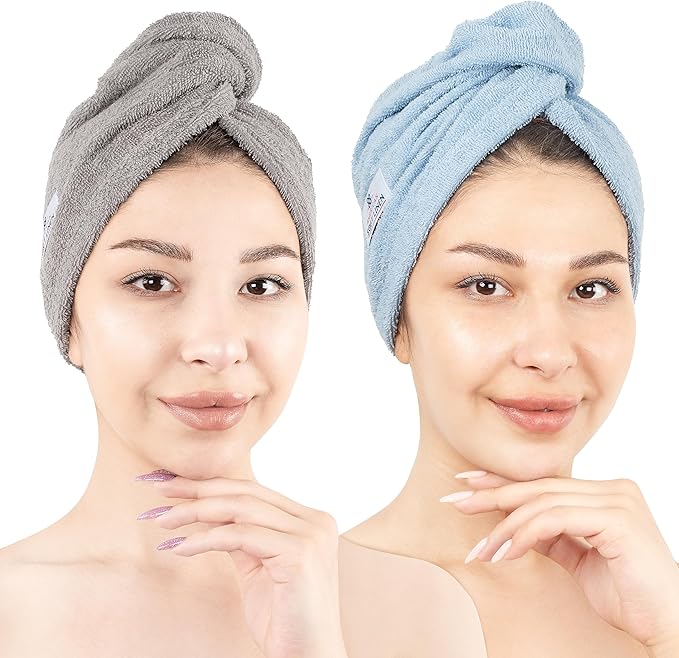American Soft Linen 100% Cotton Hair Towels for Women, Head Towel Cap, Cotton Hair Turban Towel Wrap, Soft and Absorbent 2 Pack, Light Gray-Sky Blue