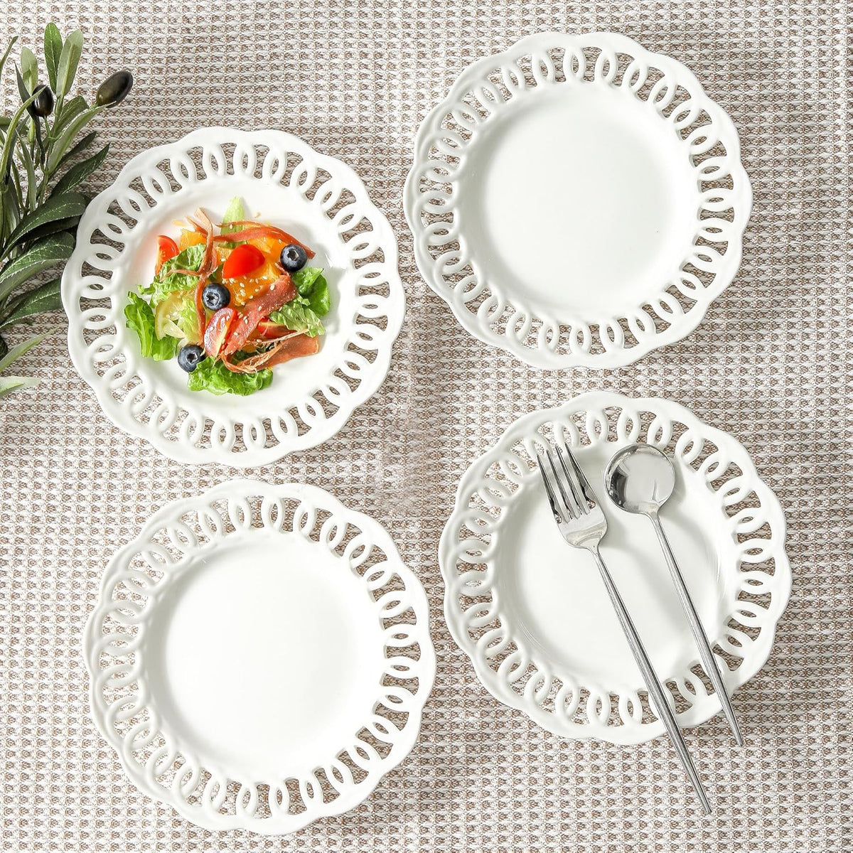 fMBB Round Appetizer Plate with Scalloped Edge Lace Rim, Set of 4, White 8 inch Ceramic Dessert Plates, Small for Cake Snack Side Dish, Microwave and Dishwasher Safe
