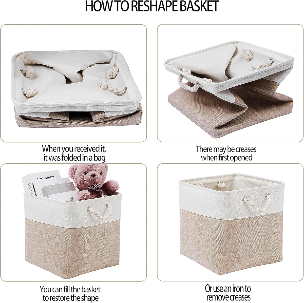 13 x 13 Inch Cube Storage Bins, 4 Pack Large Collapsible Fabric Storage Bin with Ropes, Foldable Storage Cubes for Home, Office,Closet, Clothes, Toys Organizer (White & Beige)
