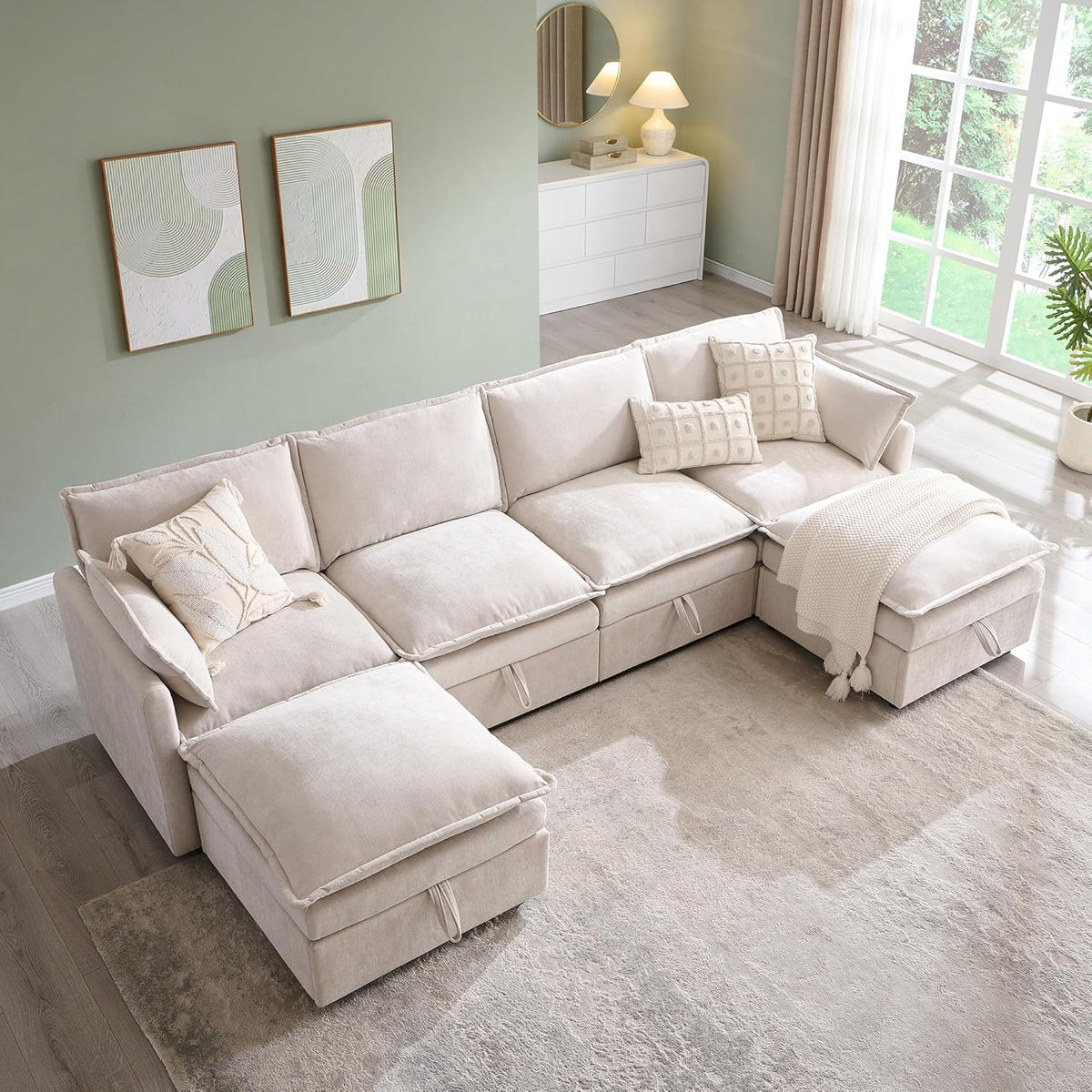 116.54" Sectional Couches for Living Room, Cloud Couch Sectional with Large Storage, U-Shape Modular Sectional Sofa with Ottoman,6 Seater Chenille Sofa with Pillow for Apartment, Bedroom, Beige