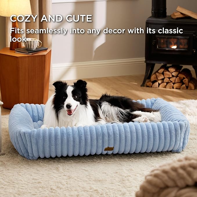 Bedsure Washable Dog Bed for Extra Large Dogs - Cute Furry Puppy Beds, Rectangle Orthopedic XL Pet Beds with Removable Zipper Cover, 43x30x8inches, Blue