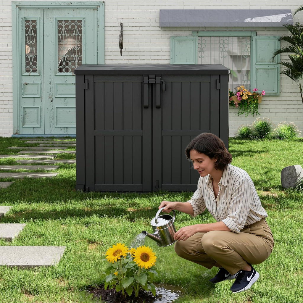 Outdoor Storage Shed 36 Cu. Ft. Resin Garden Horizontal Storage Extra Large Capacity Weather Resistant Storage Box, Lockable Resin Waterproof Shed, Black