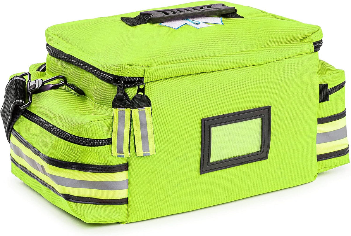 Scherber First Responder Fully-Stocked Professional Essentials EMT/EMS Trauma Kit | HSA/FSA Approved | Reflective Bag w/8 Zippered Pockets & Compartments & 200+ First Aid Supplies - Yellow