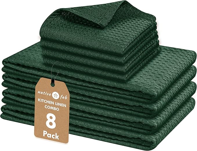 Native Fab Cotton Dish Towel & Dishcloths Set - 8 Piece, Soft, Absorbent, Fast Drying, Durable Towels for Cleaning, Baking, Cooking - Great for Home, Kitchen & Restaurant Use - Forest Green