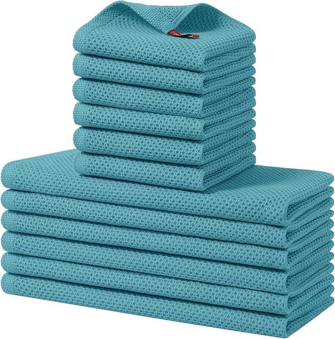 Homaxy 100% Cotton Kitchen Towels and Dishcloths Set, 12 x 12 Inches and 13 x 28 Inches, Set of 12 Bulk Kitchen Towels Set, Ultra Soft Absorbent Dish Cloths for Washing Dishes, Lake Blue