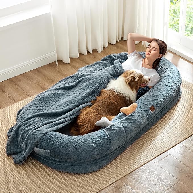 Human Dog Bed for Adult - Luxury Faux Fur Giant Size Dog Bed with Portable Handle, Egg Orthopedic Foam Bed with Blanket, 72"x40"x10", Grayish Blue
