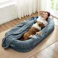 Human Dog Bed for Adult - Luxury Faux Fur Giant Size Dog Bed with Portable Handle, Egg Orthopedic Foam Bed with Blanket, 72"x40"x10", Grayish Blue