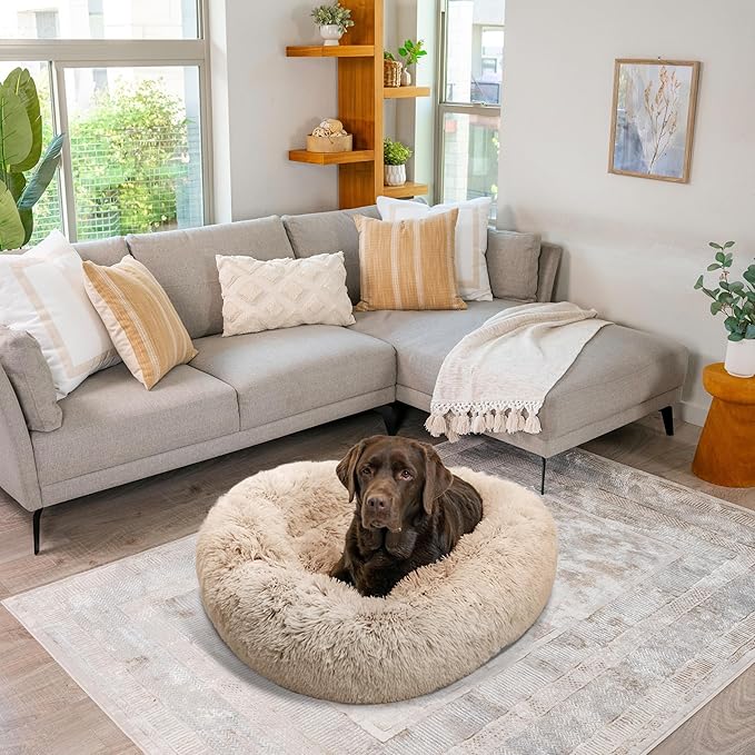 Best Friends by Sheri The Original Calming Donut Dog Bed – Washable Plush Pet Bed for Large Breeds up to 100 lbs, Shag Faux Fur, Taupe, Large (36" x 36")