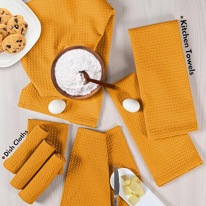 Native Fab Cotton Kitchen Towel & Dish Cloth 8 Piece Set - Machine Washable, Absorbent & Durable Towels for Cleaning, Cooking, Baking - Ideal for Home, BBQ, Everyday Use - Mustard Yellow
