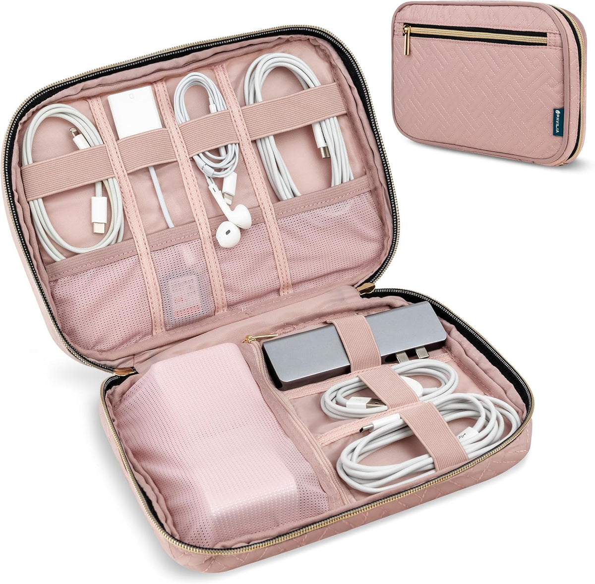 Pavilia Tech Organizer Case - Cable & Charger Storage, Travel Accessories - Pink Quilt