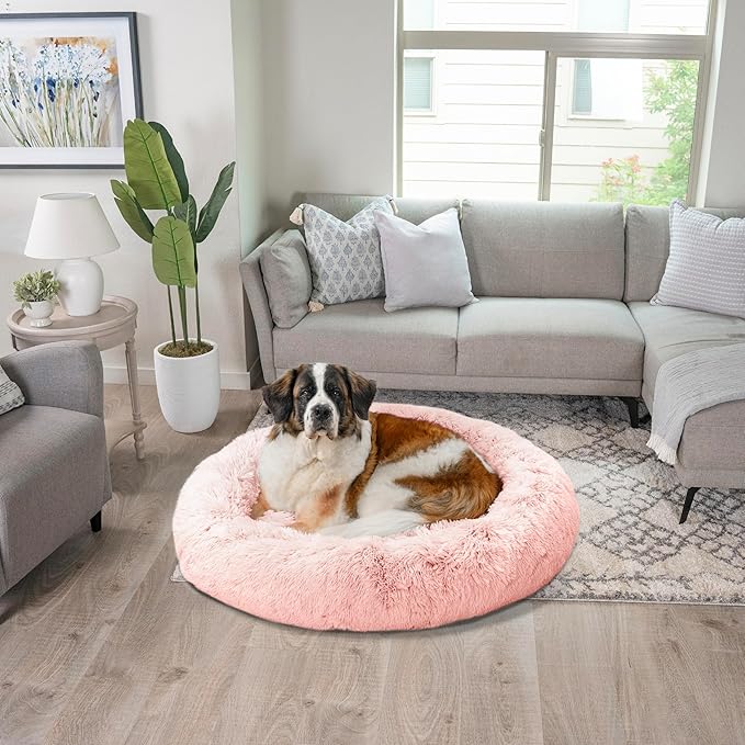 Best Friends by Sheri Original Calming Donut Dog and Cat Bed, Shag Faux Fur, Cotton Candy Pink, XL (45in x 45in) - Anxiety Relief for Pets Up to 150 lbs