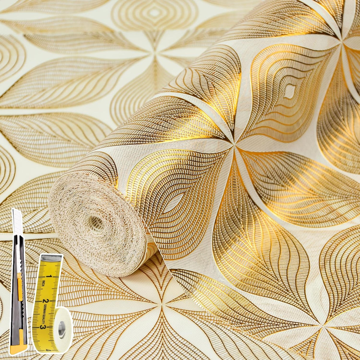 Drawer and Shelf Liner for Kitchen Cabinet,Non-Adhesive Waterproof Drawer Liner for Dresser & Bathroom Vanities with Adhesive Dots & Cutting Tool(18 in X 30 Ft Gold Leaf Pattern)