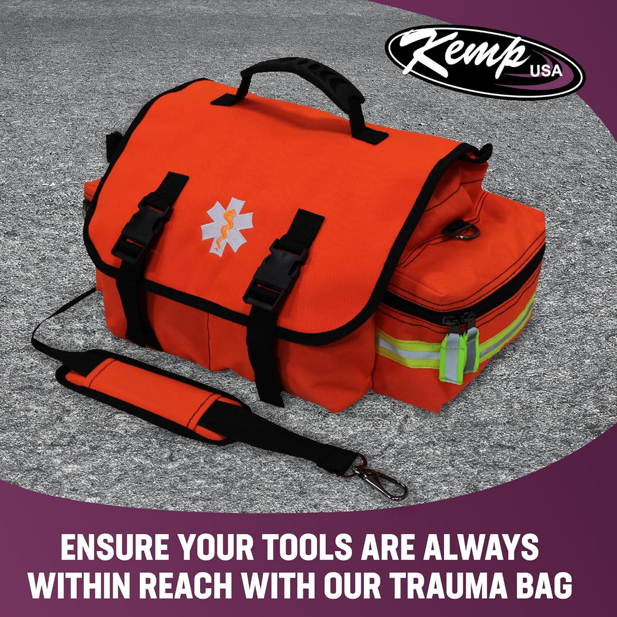Kemp USA EMT First Responder Trauma Bag, Orange, First Aid & Survival Gear with High-Visibility Reflectors, Rapid Medical Response & Emergency Tools Organizer