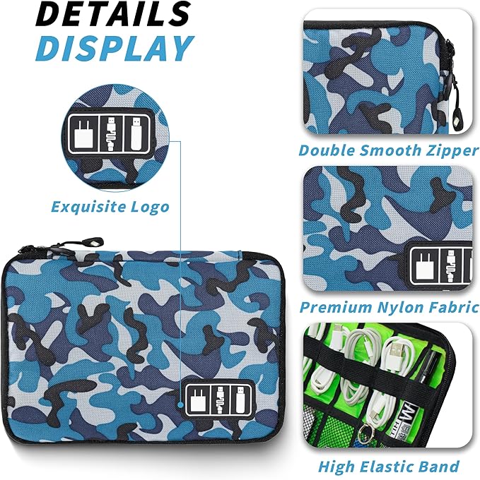 Electronics Organizer, Portable Cable Organizer Bags, Travel Electronic Accessories Storage Case for Cables, Cords, Charger, Phone (Camo Blue)