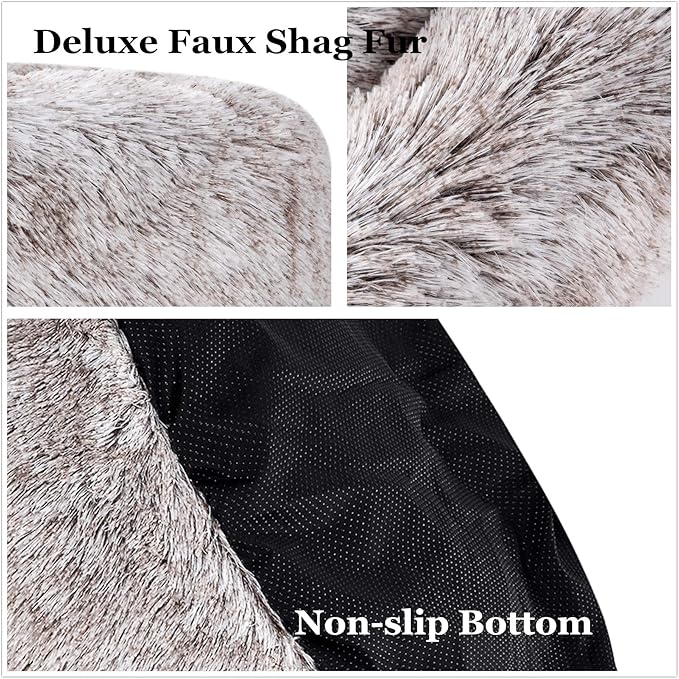 Coohom Oval Calming Donut Cuddler Dog Bed,Shag Faux Fur Cat Bed Washable Round Pillow Pet Bed(30"/36"/43") for Medium Dogs (XL(36"x27"x7"),Light Brown)