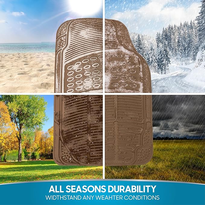 BDK ProLiner Heavy Duty Rubber Floor Mats for Auto - All Weather Protection Liners 3 PC Set (Tan Beige)