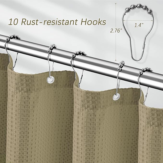 PANGSINNE Taupe Fabric Shower Curtain for Bathroom Stall, 60 inche Waffle Weave Machine Washable Waterproof 256GSM Heavy Duty Weighted Bath Curtain Set with 10 Metal Hooks, 60Wx72H
