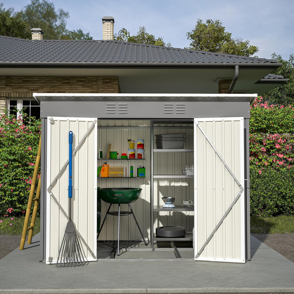 8x4 FT Outdoor Storage Metal Shed with Air Vents Sloping Roof Double Lockable Doors Waterproof Tool Galvanized Ideal for Backyard Patio Lawn Gray Shed Storage