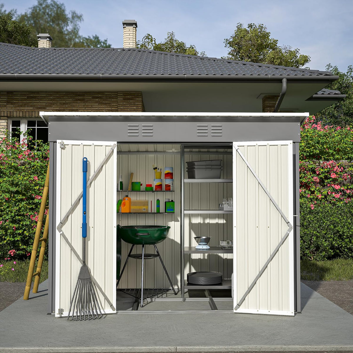 8x4 FT Outdoor Storage Metal Shed with Air Vents Sloping Roof Double Lockable Doors Waterproof Tool Galvanized Ideal for Backyard Patio Lawn Gray Shed Storage