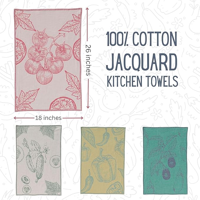 sea me at home Dish Towels for Kitchen, Jacquard Tea Towel Set, Stylish and Functional, A Great Gift for Any Home, 100% Turkish Cotton Towel Set of 4 (Garden Vegetables)