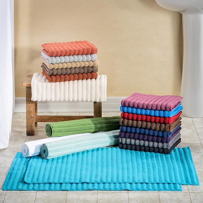 Superior Striped Bath Mat 2-Pack, 100% Combed Cotton, Luxury Spa Ribbed Texture, Durable and Washable Bathroom Mats - Coffee, 22" x 35" each
