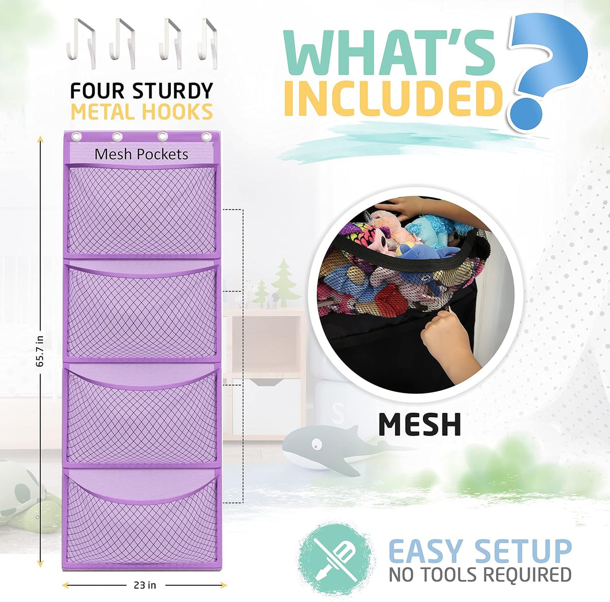 Honeyera Plush Storage (Patent Pending) - Plush Hammock Net Over Door Organizer for Stuffies, Baby Accessories, Toy/Hammock Hanging Storage Big Girls Toddler Large Bag Animals (Purple)
