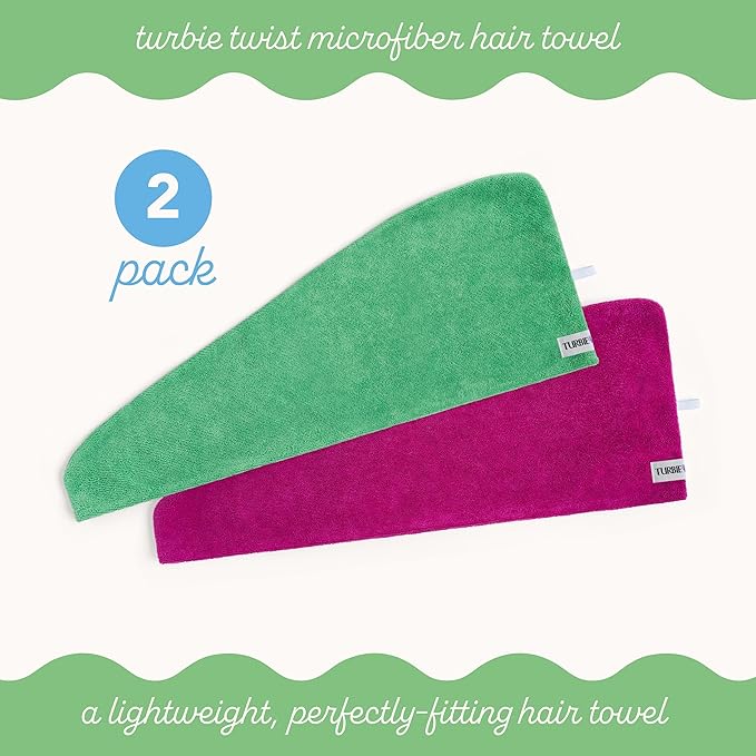Turbie Twist 2-Pack Microfiber Hair Towel for Beauty, Travel, Gifting - Wrap Turban for Straight, Wavy & Curly Hair - Premium Personal Care - Kelly Green & Wild Aster