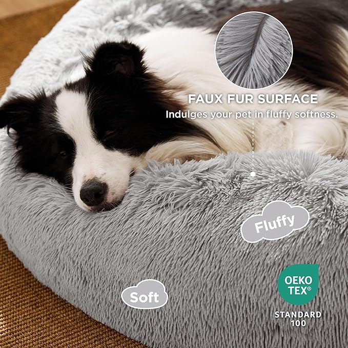 Bedsure Calming Dog Bed for Large Dogs - Donut Washable Large Pet Bed, 36 inches Anti-Slip Round Fluffy Plush Faux Fur Dog Bed, Fits up to 80 lbs Pets, Pale Grey