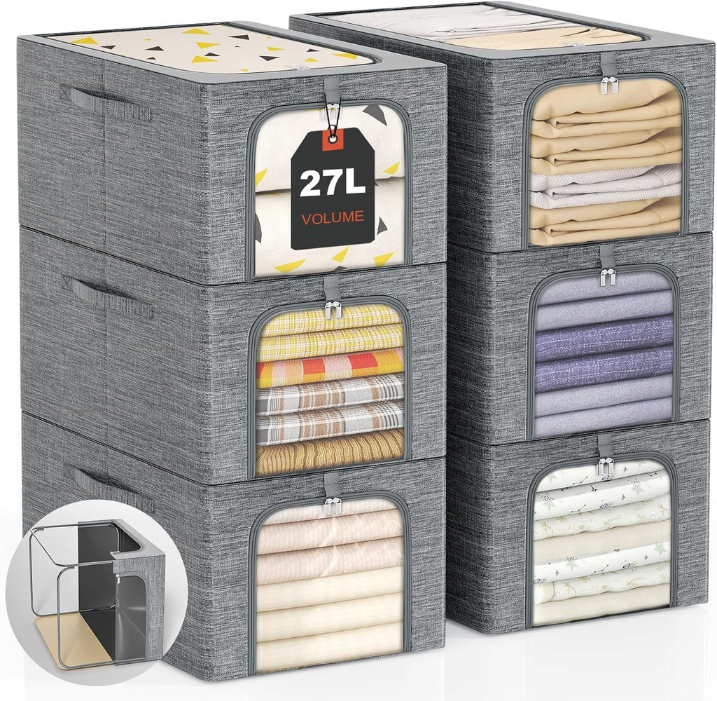 GoMaihe Clothes Storage Bins Metal Frame: 6-Pack Compact Stackable Closet Storage Bin with Lid & Clear Window, Space Saving Organizer for Sweaters Kids Clothing (Dorm/Closet 27L)