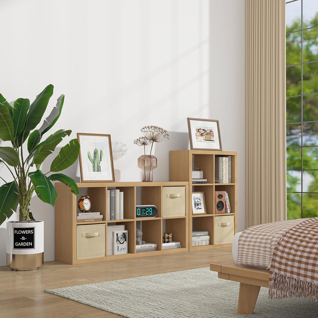 furtble Bookshelf with Storage Bin, 4-Cube Storage Organizer, Modern Wood Open Bookcase, Multifunctional Display Shelf for Living Room, Bedroom, Home Office, Oak