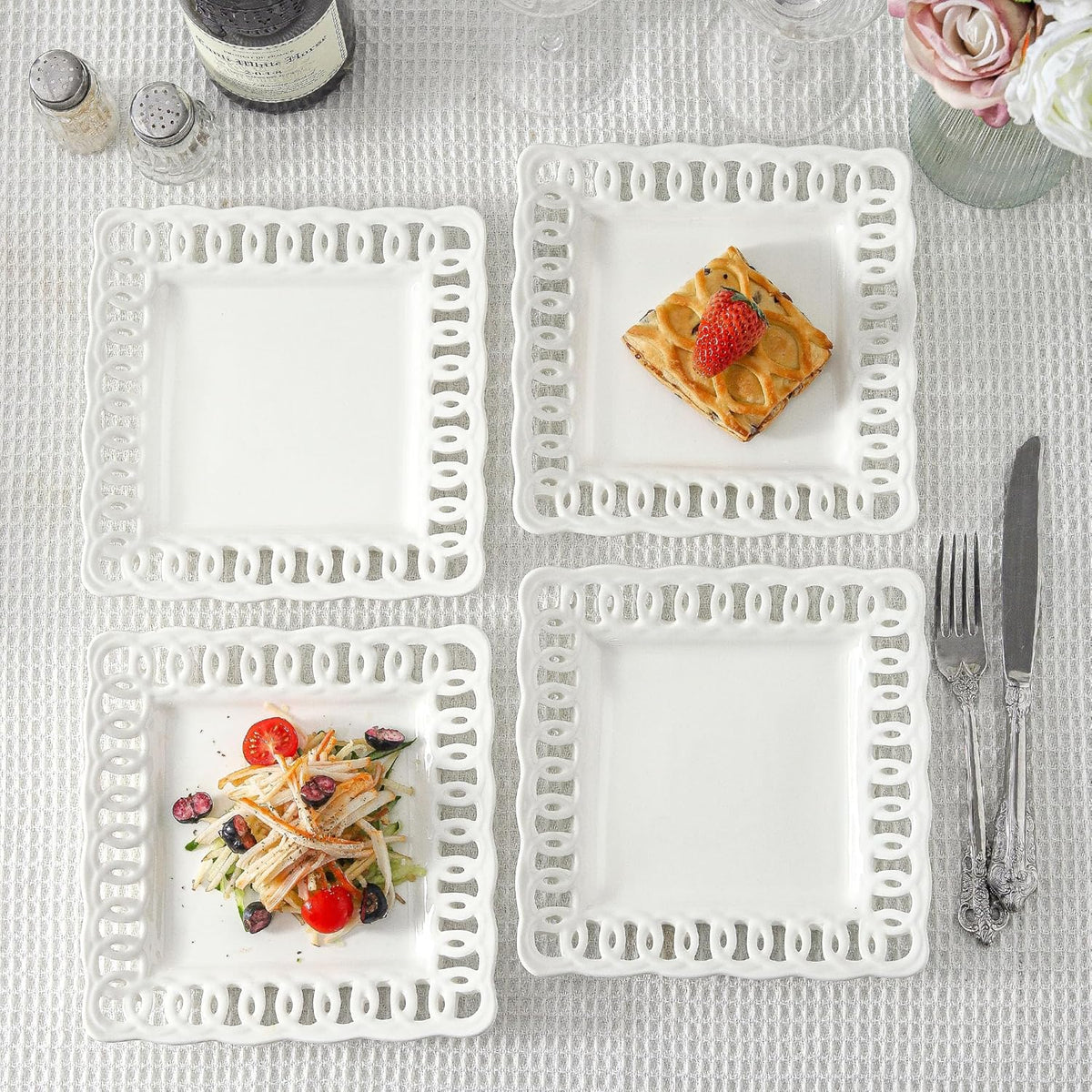 Square Appetizer Plate, Set of 4, 8 inch Ceramic White Dinner Plates with Lace Rim, Small for Cake Snacks Dessert Steak Bread Butter Canape Luncheon Side Dish at Home Hotel and Restaruant, Stackable
