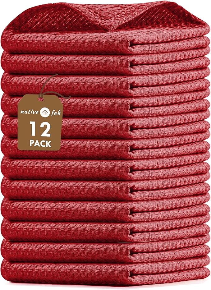 Native Fab 12 Pack Dish Cloths - 100% Cotton, Absorbent, Quick Drying, Washable Towels for Cleaning, Cooking, Baking - Perfect for Home, Restaurants, Bars & Multi Purpose Use - 12x12 Inches - Red