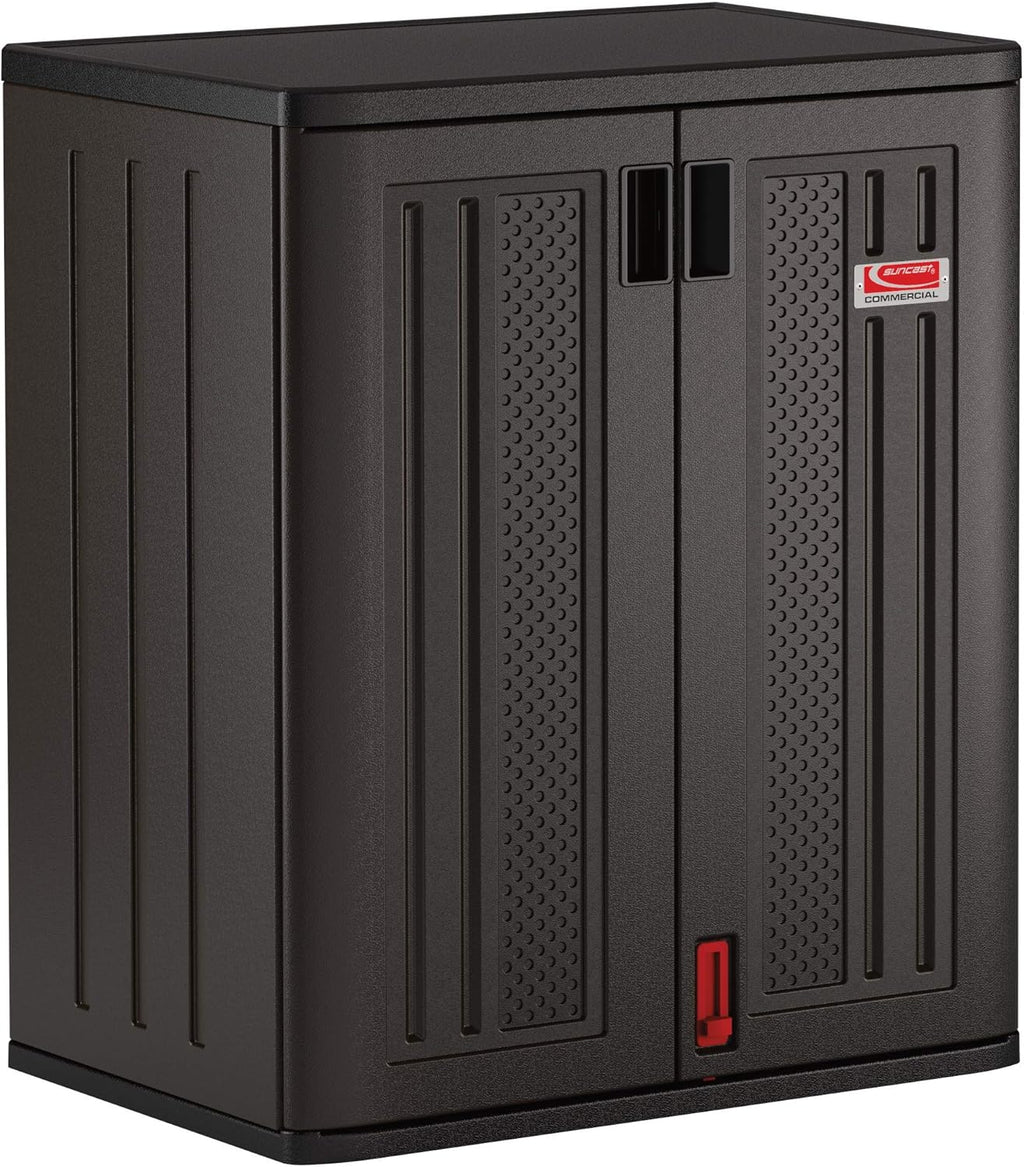 Suncast Heavy-Duty Resin Outdoor Storage Cabinet, 30" W x 20.25" D x 36" H Dark Grey Base Garage Storage Cabinet with Lockable Doors and Metal Reinforced Shelves, Made in The USA