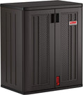 Suncast Heavy-Duty Resin Outdoor Storage Cabinet, 30" W x 20.25" D x 36" H Dark Grey Base Garage Storage Cabinet with Lockable Doors and Metal Reinforced Shelves, Made in The USA