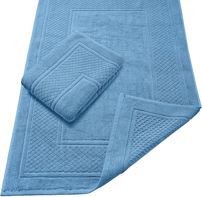Avalon Towels Light Blue Bath Mat - 100% Cotton Set of 2 Absorbent Bathmat - Bathroom Mats Quick Dry Bath Mats for Bathrooms (22x34 Inches)
