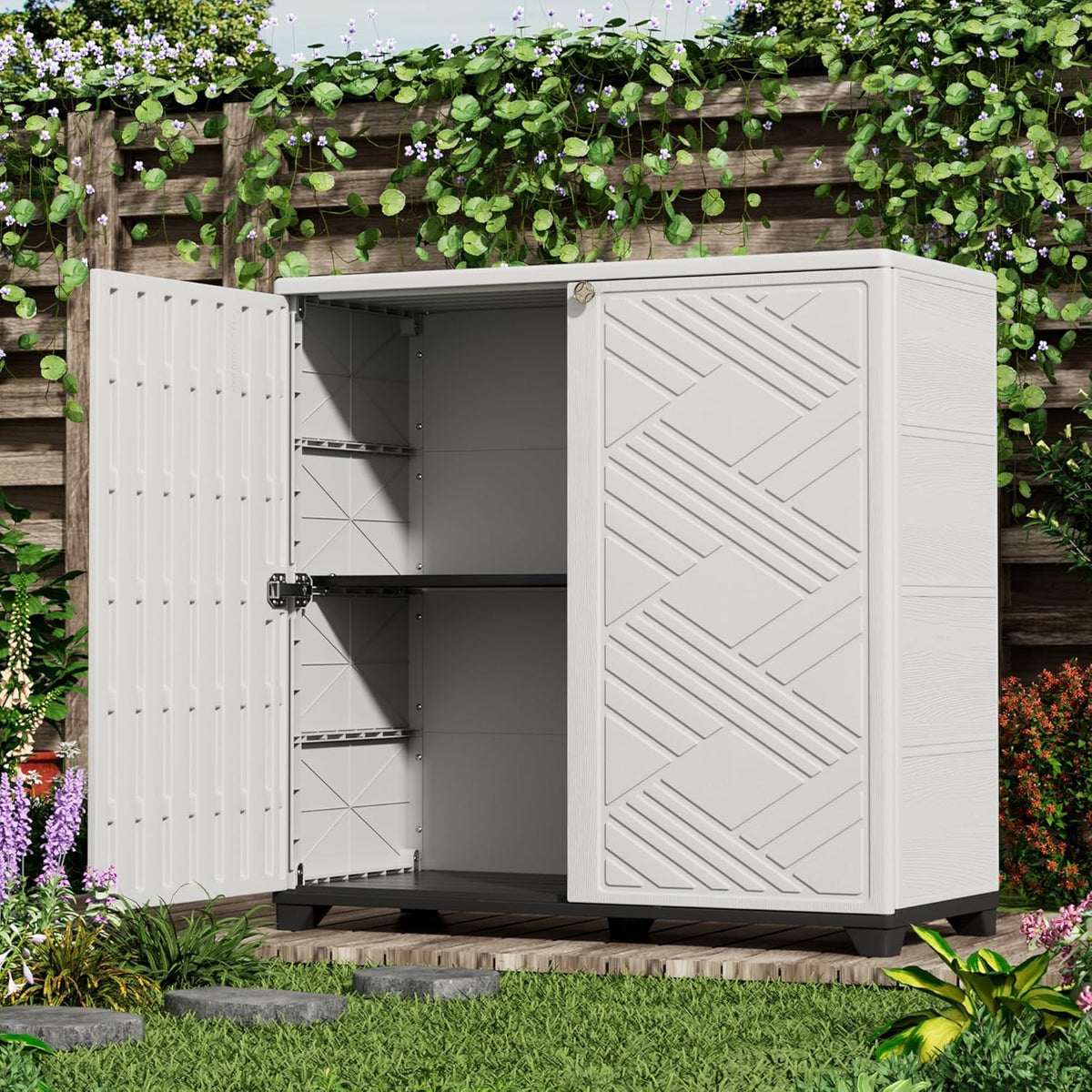 ADDOK Indoor Outdoor Plastic Storage Cabinet 34"x15"x34" with 1 Shelf, Outdoor Storage Shed for Living Room, Hallway, Balcony, Garage, Garden, Backyard-White