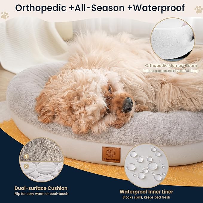 pawtnerz Round Donut Dog Bed – Luxury Orthopedic Dog Beds with Memory Foam – Calming Bolster Pet Bed, Water-Resistant, Washable Plush Cover, Premium Zipper – Small, Medium Dogs & Cats (25 Inches)
