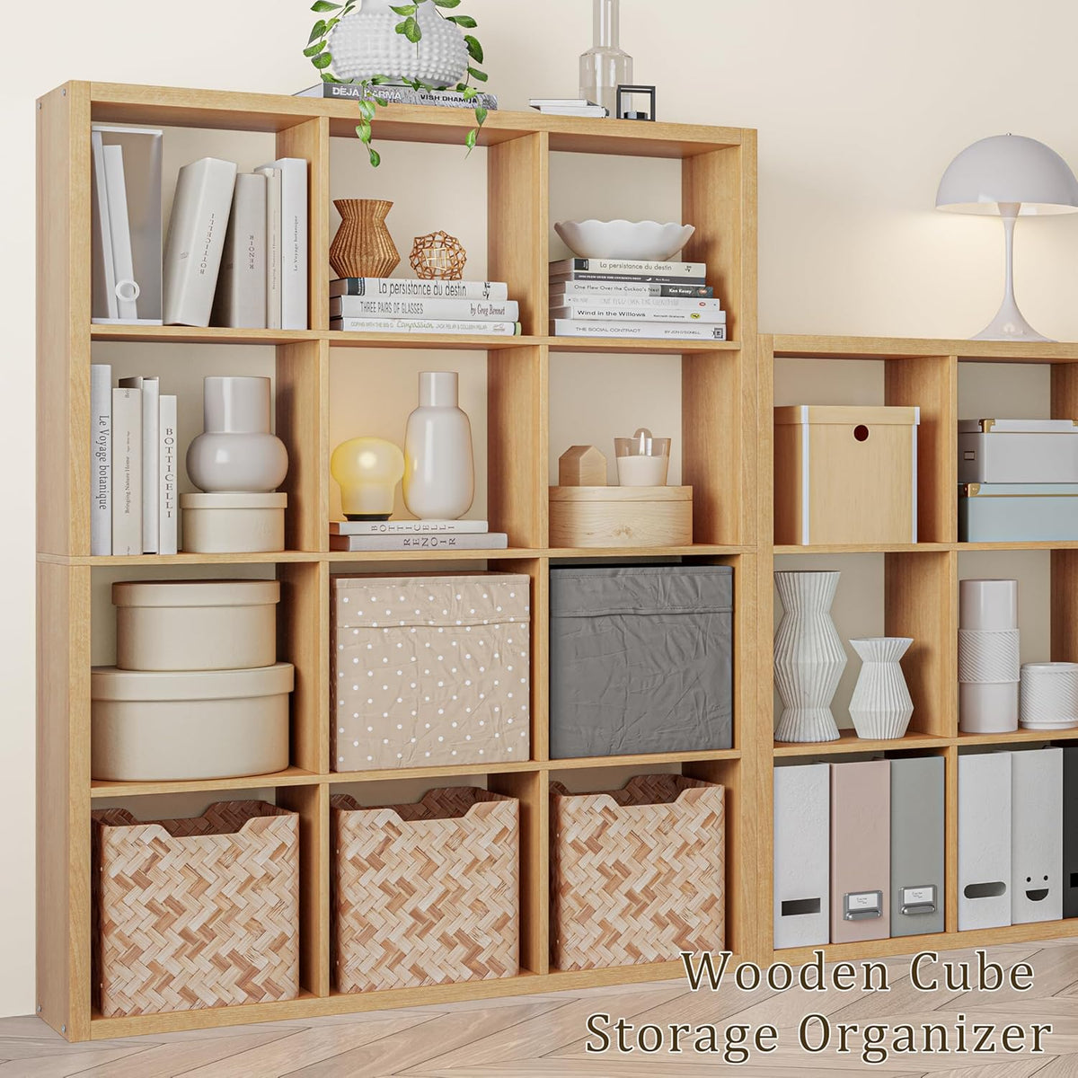 Cube Storage Organizer Bookcase, Decorative 11 inch Open Back Cubical Shelf with Thickened Border, Display Bookshelf for Living Room, Home Office, Sturdy Room (Natural Oak, 12 Cube)