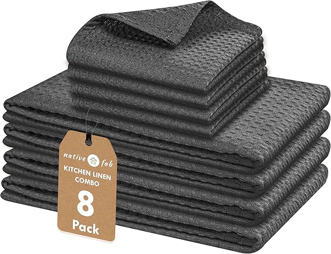 Native Fab Cotton Dish Towel & Dishcloth Set - 8 Piece Pack for Cleaning, Cooking, Baking - Absorbent, Durable, Washable, Quick Drying Towels for Home, Kitchen, BBQ & Everyday Use - Gray