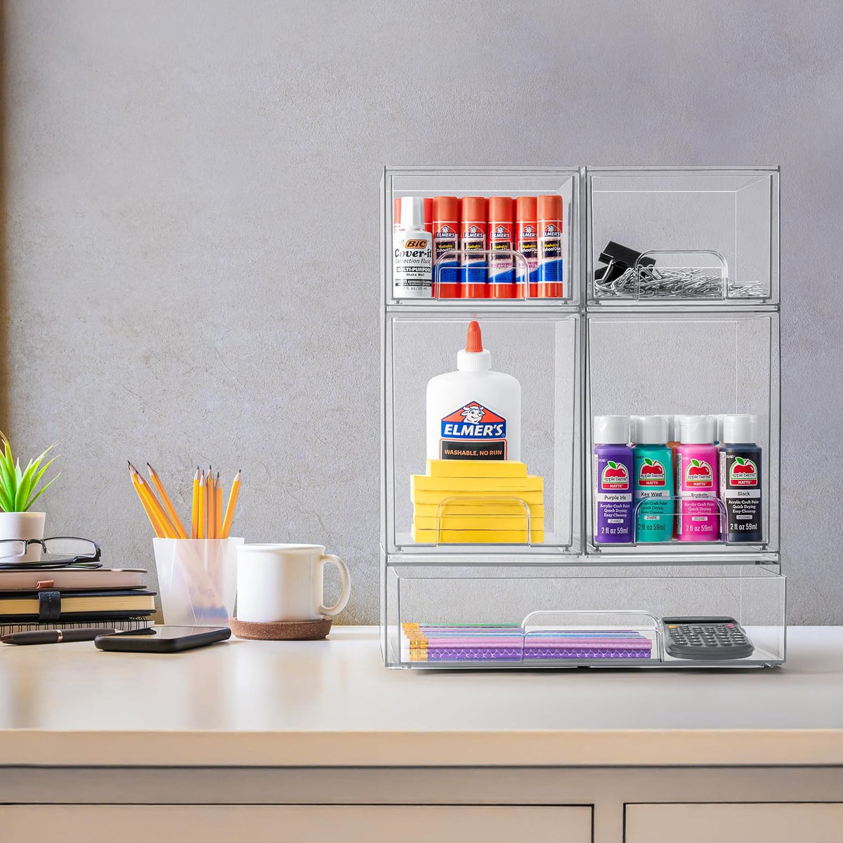 Sorbus Acrylic Storage Containers - 5 Pack, Stackable Storage Bins Set for Bathroom Organization - Clear Acrylic Drawer Organizers - Makeup Case Pull-Out Drawers (7.6’’ and 4.4’’ Tall and 12.1’’ Wide)