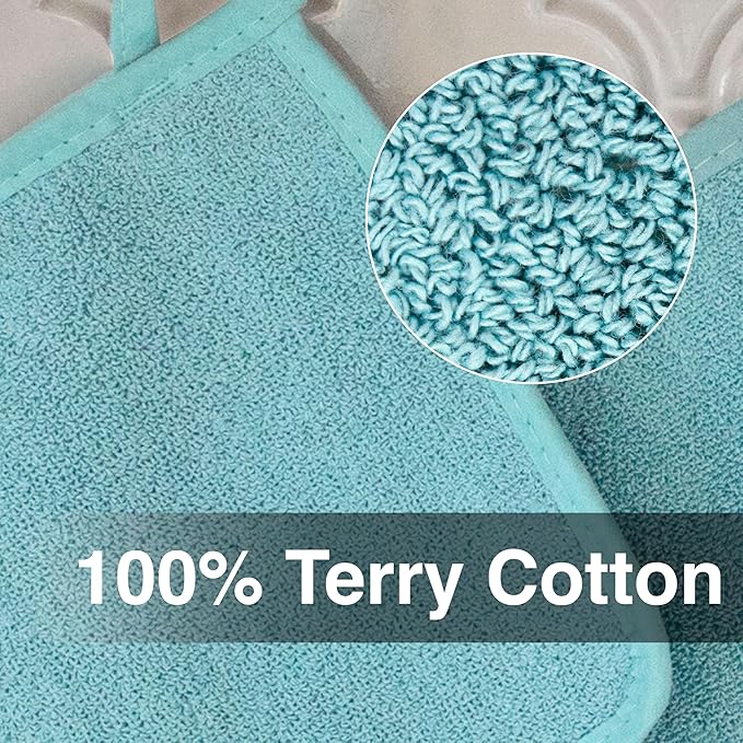 RITZ Terry Potholder & Hot Pad: Unparalleled Heat Resistant, Durable 100% Cotton – Ergonomically Designed for Optimal Grip – Easy-Care Machine Washable – 4-Pack, Dew