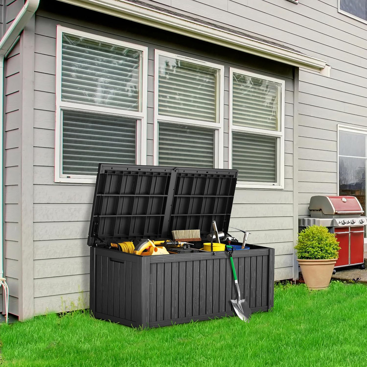 TARKARI 180 Gallon Lockable Resin Deck Box, Waterproof & UV-Resistant Outdoor Storage Box for Outdoor Cushion Storage, Garden Tools & Pool Accessories Storage, Black