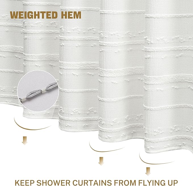 Lameirose Extra Long Farmhouse White Shower Curtain Boho, 72 x 84 Cotton Blend Tufted Weave Waffle Stripe Textured Heavy Duty, Fabric Shower Curtain for Bathroom, Hotel