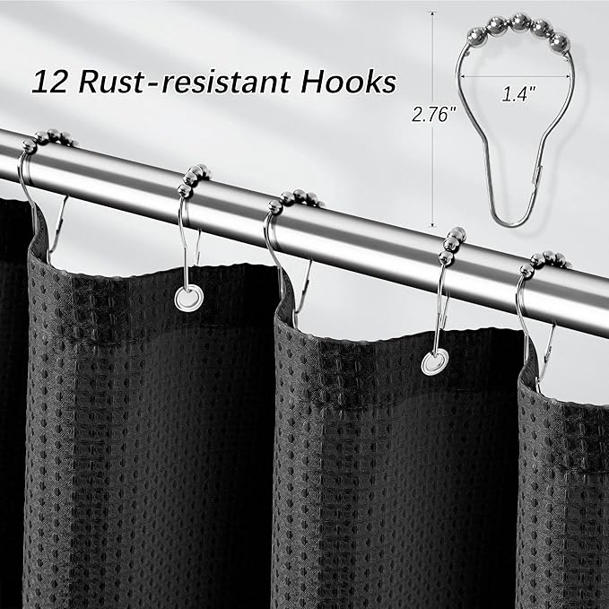 PANGSINNE 84 inch Long Waffle Textured Fabric Shower Curtains, 256GSM Heavy Duty Weighted Shower Curtains, Hotel Quality Luxury Polyester Bathroom Curtain with 12 Hooks, 72Wx84H