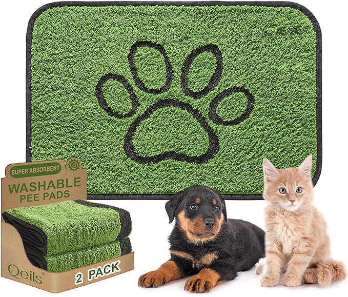 Qeils Reusable Dog Pee Pads, 2 Pack Super Absorbent & Leakproof Washable Puppy Pads with Soft Green Top Layer, for Potty Training, Crates, Couch, Car Seats & Pet Beds, 24"x 36"