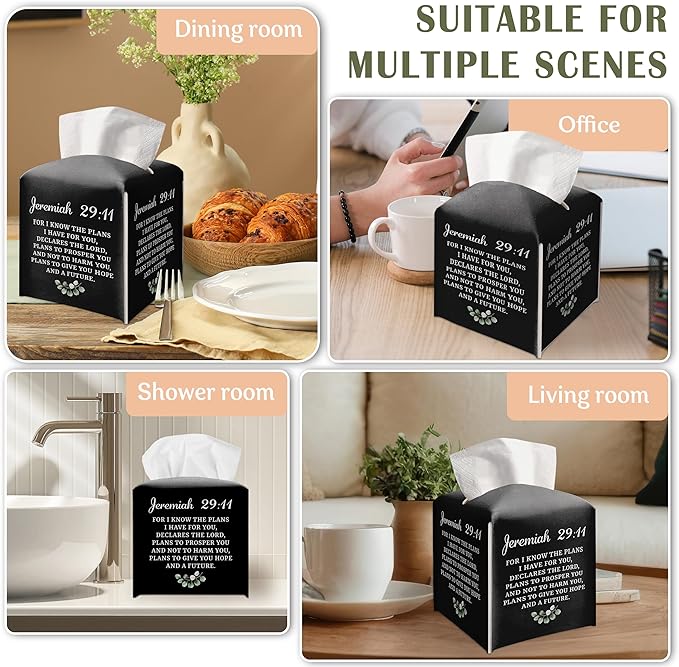 Christian Decorative Tissue Box Cover Square, Black Tissue Box Cover Leather, Bible Verse Gift Ideas for Friends, for I Know The Plans I Have for You, Bathroom Decor-(5.2 Inches)